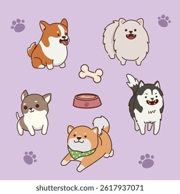 A set of various breeds of dogs in cute cartoon style with foods