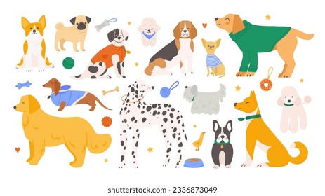 Set of various breeds of dogs and dog accessories. Hand drawn cartoon flat animals vector illustration.