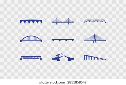 Set of various bridge types icons including arch, suspension, truss, beam, cablestayed, and drawbridge designs
