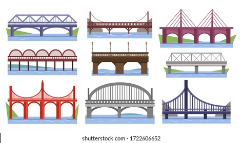 Set of various bridges with river or lake vector illustration. Structures to carry road path or railway flat style. Metal construction. Isolated on white background