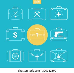 Set Of Various Briefcases Icon On Blue Background. Vector Illustration Of Lifestyle Specialty: Doctor, Barber, Murderer, Drug Dealer, Builder, Worker, Preacher. Suitcases Concept In Thin Line Style. 