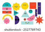 Set of Various bright basic Geometric Figures with face emotions. Different shapes. Hand drawn trendy Vector illustration for kids. Cute funny characters. All elements are isolated