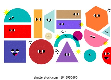 Set of Various bright basic Geometric Figures with face emotions.  Hand drawn trendy Vector illustration for kids. Cute funny characters.