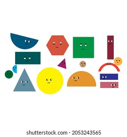 Set of Various bright basic Geometric Figures with face emotions. Different shapes. Hand drawn trendy Vector illustration for kids. Cute funny characters.