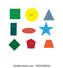 Set of Various bright basic Geometric Figures with face emotions. Different shapes.