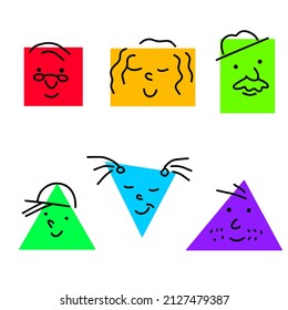 Set of Various bright basic Geometric Figures with face emotions. Different man and woman. Hand drawn trendy Vector illustration for kids. Cute funny square and triangle characters.