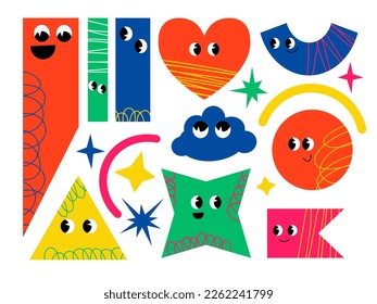 Set of Various bright basic Geometric Figures with face emotions. Different shapes. Hand drawn trendy Vector illustration for kids. Cute funny characters. All elements are isolated EPS