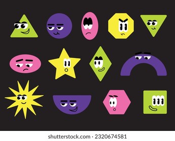Set of Various bright basic Geometric Figures with face emotions. Different shapes. Vector illustration for kids isolated on background. Cute funny modern minimalist characters.