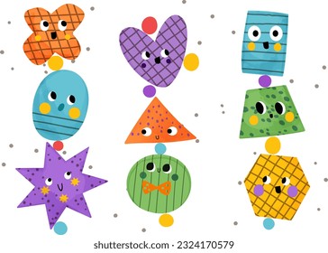 Set of various bright basic geometric shapes with face, arms and legs emotions. Various forms. Hand drawn fashion vector illustration for kids. Cute funny characters. All elements are insulated