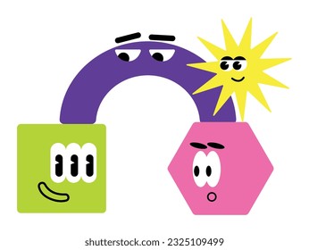 Set of Various bright basic Geometric Figures with face emotions, hands and legs. Different shapes. Vector illustration for kids isolated on background. Cute funny characters.