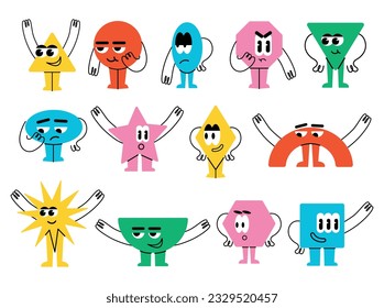 Conjunto de Diversas figuras geométricas básicas brillantes con emociones faciales, manos y piernas. Formas diferentes. Ilustración vectorial para niños aislados en el fondo. Personajes graciosos.