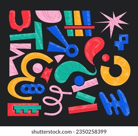 Set of Various bright basic Geometric Figures with face emotions, hands and legs. Different shapes. Hand drawn trendy Vector illustration for kids. Cute funny characters. All elements are isolated