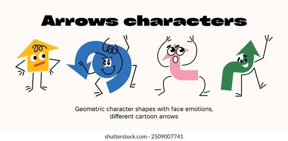 Conjunto de várias formas de personagens de setas geométricas básicas brilhantes com emoções de rosto, figuras básicas de desenhos animados diferentes. Formas coloridas bonitas, cores modernas. Ilustração vetorial isolada no plano de fundo