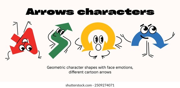 Set of Various bright basic Geometric arrows character shapes with face emotions, different cartoon basic figures. Cute colorful shapes, trendy colors. Vector illustration isolated on background