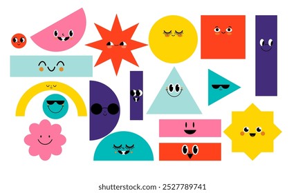 Conjunto de varias figuras geométricas básicas brillantes con emociones faciales. Diferentes Formas. Ilustración vectorial de moda dibujada a mano para niños. Lindos personajes divertidos. Todos los Elementos están aislados