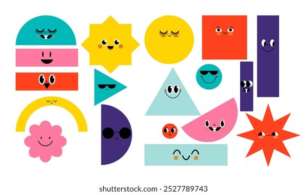 Conjunto de varias figuras geométricas básicas brillantes con emociones faciales. Diferentes Formas. Ilustración vectorial de moda dibujada a mano para niños. Lindos personajes divertidos. Todos los Elementos están aislados