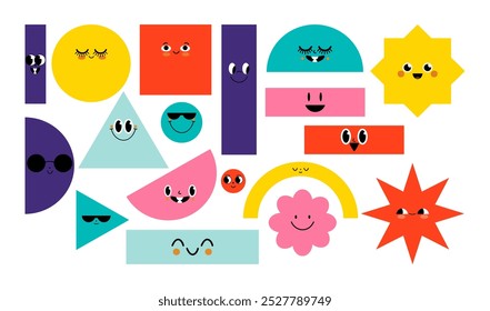 Set of Various bright basic Geometric Figures with face emotions. Different shapes. Hand drawn trendy Vector illustration for kids. Cute funny characters. All elements are isolated