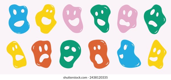 A set of various bright basic liquid shapes with emotions of the face. Different shapes. Hand-drawn fashionable vector illustration. Cute funny characters.