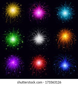 Set of various bright celebratory fireworks, color elements for holiday web design, isolated on black background. Eps10, contains transparencies. Vector