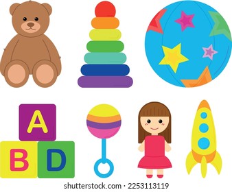 Set of various bright children's toys, vector illustration
