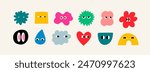 Set of Various bright Doodle shapes with face emotions. Different figures. Hand drawn trendy Vector illustration for kids. Cute funny characters. All elements are isolated