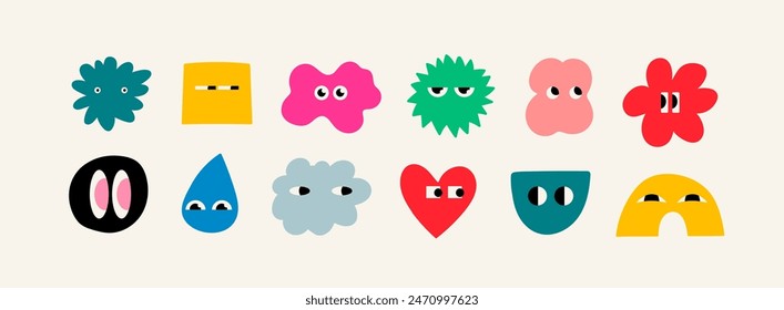 Conjunto de varias Formas de Doodle brillantes con emociones faciales. Diferentes cifras. Ilustración vectorial de moda dibujada a mano para los niños. Lindos personajes graciosos. Todos los Elementos están aislados