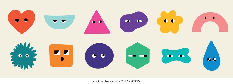 Set of Various bright Doodle shapes with face emotions. Different figures. Hand drawn trendy Vector illustration for kids. Cute funny characters. EPS 10