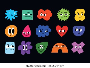 Set of Various bright Doodle shapes with face emotions in cartoon style. Different geometric figures. Hand drawn trendy Vector illustration for kids. Cute funny characters. All elements are isolated.