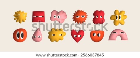 Set of various bright Doodle shapes with eyes. Different unique figures. 3D cartoon style. Hand drawn trendy Vector illustration for kids. Cute funny characters. Isolated design elements