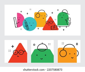 Set of Various bright Geometric Figures with face emotions. Different shapes. Hand drawn trendy Vector illustration for kids.