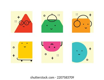 Set of Various bright Geometric Figures with face emotions. Different shapes. Hand drawn trendy Vector illustration for kids.