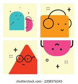 Set of Various bright Geometric Figures with face emotions. Different shapes. Hand drawn trendy Vector illustration for kids.