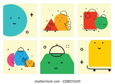 Set of Various bright Geometric Figures with face emotions. Different shapes. Hand drawn trendy Vector illustration for kids.