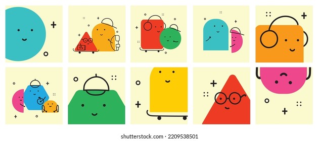 Reihe von verschiedenen, hellen geometrischen Figuren mit Gesichtsgefühlen. Unterschiedliche Formen. Handgezeichnete angesagte Vektorgrafik für Kinder.
