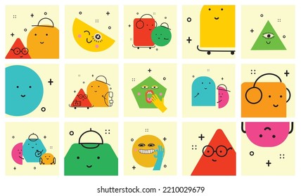 Conjunto de Diversas figuras geométricas brillantes con emociones faciales. Formas diferentes. Dibujo manual de moda Vector ilustrativo para niños.