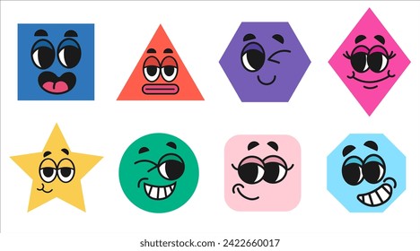 Set of various bright geometric figures with face emotions in groovy style. Cartoon facial expressions. Colorful set of avatar designs. Mouth and eyes of doodle characters. Set of different shapes.