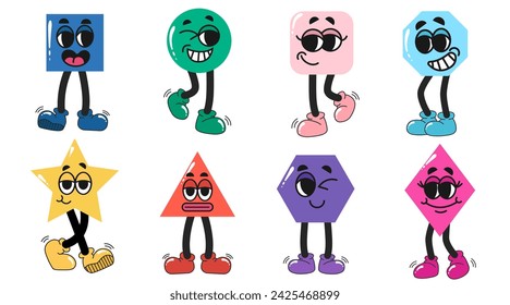 Set of various bright geometric figures with face emotions in groovy style. Cartoon facial expressions. Colorful set of avatar designs. Mouth and eyes of doodle characters. Set of different shapes.