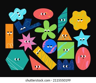 Set of various bright geometric shapes with facial emotions; doodles. Different shapes; textures. Hand drawn fashion vector illustration for kids. Abstract funny characters. All elements are insolated