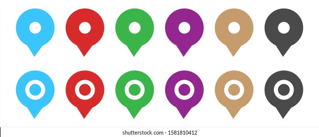 set of various bright map pointers isolated on white background.