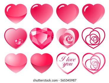 Set of various bright rose red glossy hearts with I love you script isolated on white background. Vector illustration