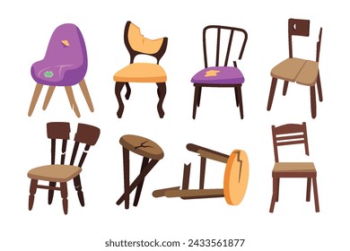 Set of various broken chairs set collection, Broken furniture illustration set outline vector. Classic Home Interior room. Couch Damage Broken old wooden chair leg repair, vector illustration.