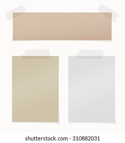 Set of various brown, gray note papers on white background
