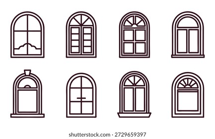Set of various brown line style window frames and shutters