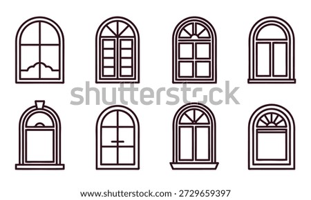 Set of various brown line style window frames and shutters