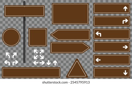 Set of various brown road sign shapes on checkered background. Blank signs for customized text or symbols