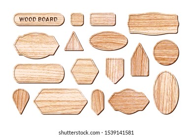 Set of various brown wood signboard template, tan blank wooden label shape vector. Dry brunette woody plank sign isolated on white background.