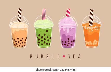 Set of various Bubble tea. Milk tea with tapioca pearls. Boba tea. Asian Taiwanese drink. Hand drawn colored trendy vector illustration. Cartoon style. Flat design. All elements are isolated