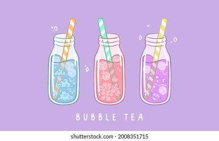 Set of various Bubble tea. Milk tea with tapioca pearls. Boba tea. Asian Taiwanese drink. Hand drawn colored trendy vector illustration. Cartoon style. Flat design. All elements are isolated
