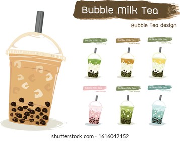 Set of various Bubble tea on white background. Milk tea with tapioca pearls. Boba tea. Asian Taiwanese drink.Vector isolated.