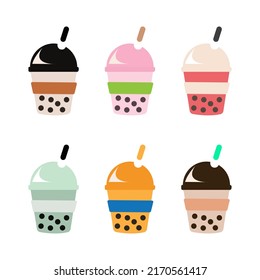 Set of various Bubble tea, Yummy drinks, coffees and soft drinks with cartoon style. Set of different Bubble tea. Milk tea with tapioca pearls. Boba tea. Asian Taiwanese drink. Cartoon style.